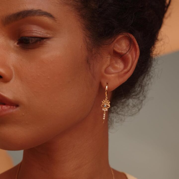 Fettero | Gold Plated Evil Eye Dangle Drop Hoop Earrings